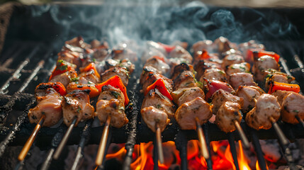 BBQ meat and vegetables skewers, charcoal fire and smoke