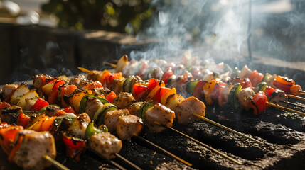 BBQ meat and vegetables skewers, charcoal fire and smoke