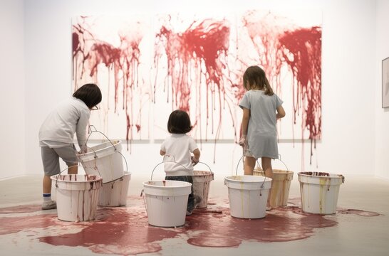 Joyful children express their creativity, donning colorful clothes as they paint a vibrant masterpiece on the indoor wall with bold strokes of red