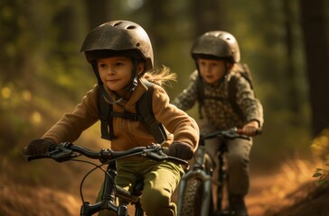 Two youngsters joyfully pedal through nature, their faces beaming under helmets and sporting vibrant clothing, as they explore the great outdoors on their trusty bicycles