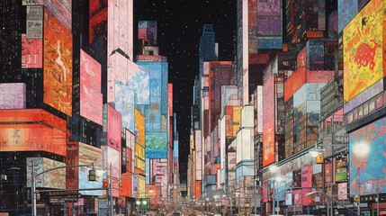 Obraz premium Late-Night Times Square Close-Up - Urban Life painting 
