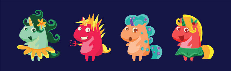 Funny Unicorn Bright Fantastic Animal with Horn and Tail Vector Set