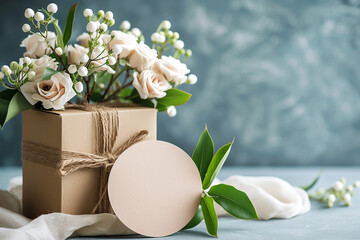 gift box with flowers with a round postcard mockup