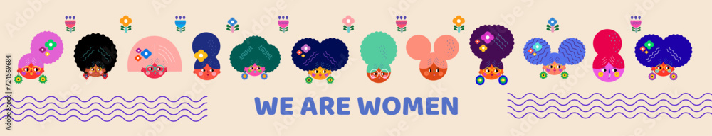 Wall mural Set of various women characters. Vector bright colourful collection with woman's and girls for holiday Women's day. Characters design for 8th march, women's day. 