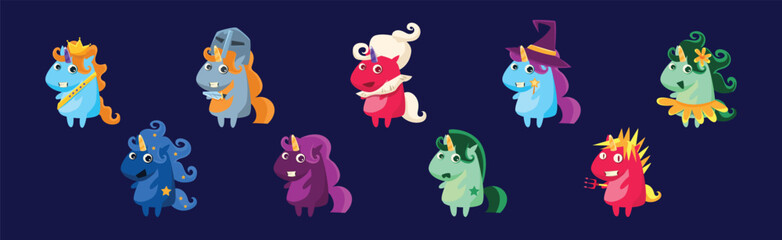 Funny Unicorn Bright Fantastic Animal with Horn and Tail Vector Set