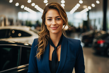 Professional young female dealer with clipboard smiling and looking at camera friendly while standing near modern automobile in car showroom - obrazy, fototapety, plakaty