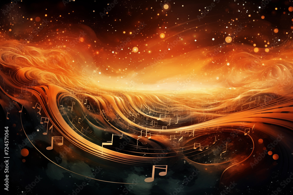 Poster abstract music background with notes and fire. orange notes and waves in outer space
