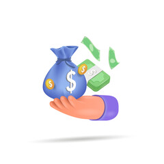 The concept of saving money. Banking, earnings, profits and money savings.
 A money bag with dollar coins. 3d vector illustration