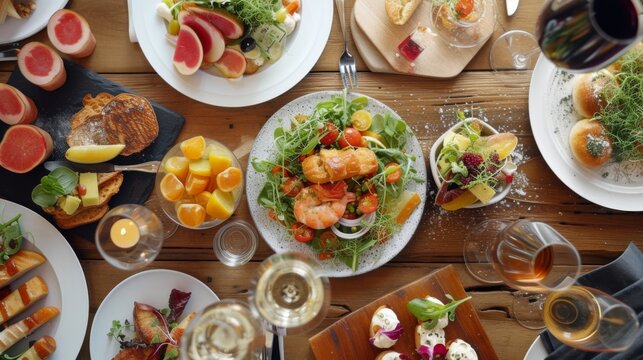 "Repas convivial : Table garnie de plats et de boissons pour un repas en commun"