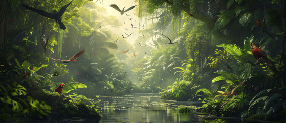 A rainforest with birds