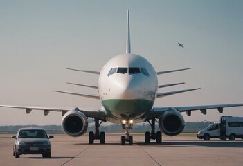 Naklejka premium Passanger white plane lands. Airplane on the platform of Airport. Runway. Landing aircraft closeup. Mockup plane with place for text. Cloudy sky. Copy space.