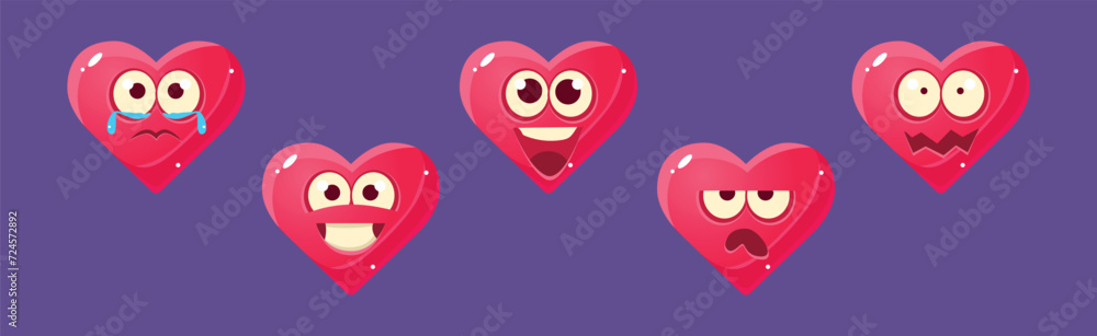 Poster funny heart character with face emotion vector set