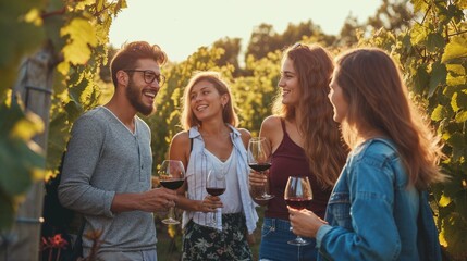 Obraz premium groupe d'amis en vacances en train de déguster du vin dans les vignes