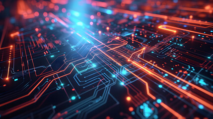 Illustrate a futuristic circuit board-inspired abstract background with glowing neon lines and interconnected nodes