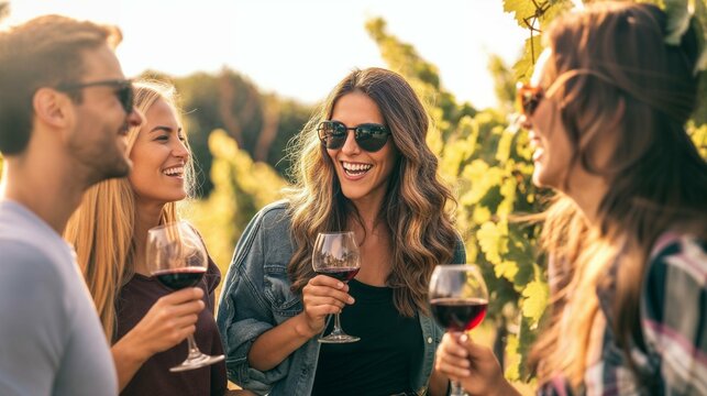 groupe d'amis en vacances en train de d&eacute;guster du vin dans les vignes