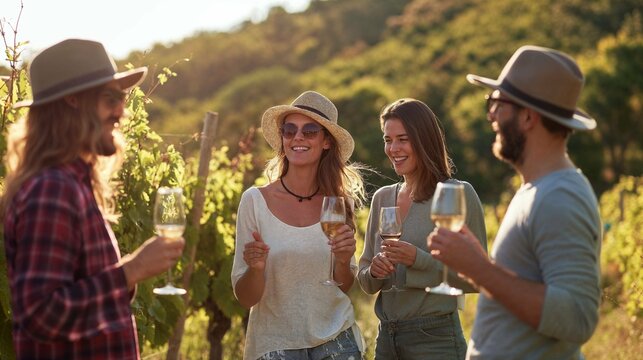 groupe d'amis en vacances en train de d&eacute;guster du vin dans les vignes