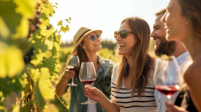 groupe d'amis en vacances en train de d&eacute;guster du vin dans les vignes