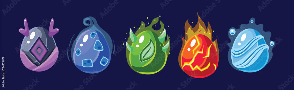 Poster dragon eggs with colorful glowing shell vector set
