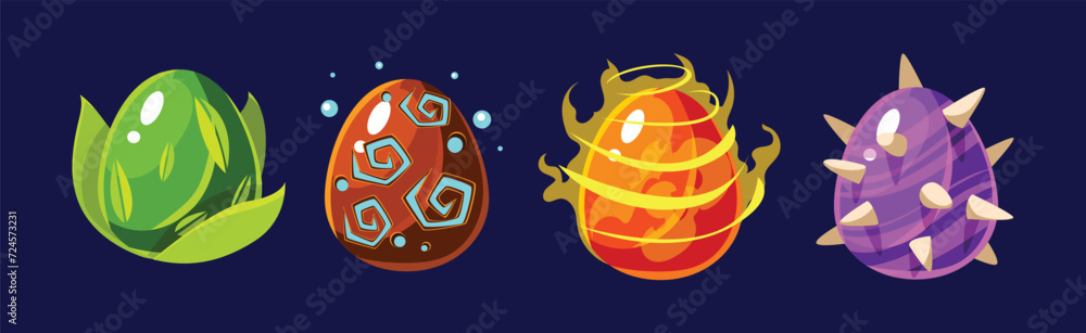 Poster dragon eggs with colorful glowing shell vector set