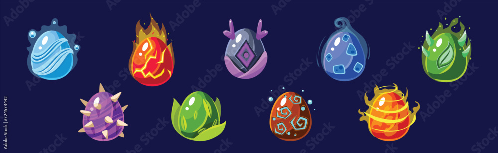Poster dragon eggs with colorful glowing shell vector set