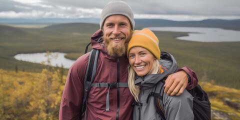 A young couple enjoys their autumn hike in Lapland
