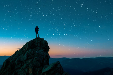 Fototapeta premium A silhouette of a man, standing on top of a mountain and looking at the stars in front of him, sunrise, sunset