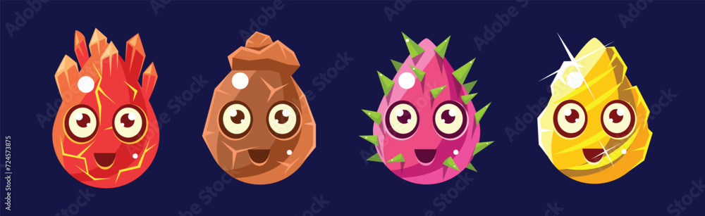 Poster funny bright drop shape character with face vector set