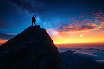 A silhouette of a man, standing on top of a mountain and looking at the clouds in front of him, sunrise, sunset