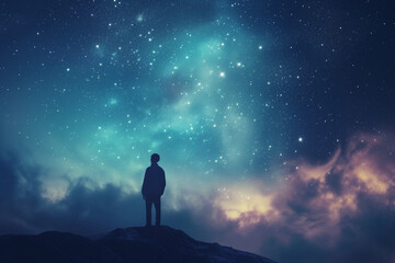 Fototapeta premium The silhouette of a man, standing on the surface and looking at the stars in front of him