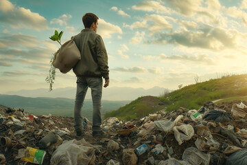 a man holding a bag with a small seedling on his shoulders, who is tired of fighting with the consumer society, standing on top of a garbage hill and looking at the green hill - obrazy, fototapety, plakaty