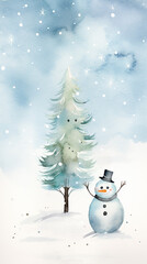 Watercolor Festive Snowman Illustration in Winter Forest