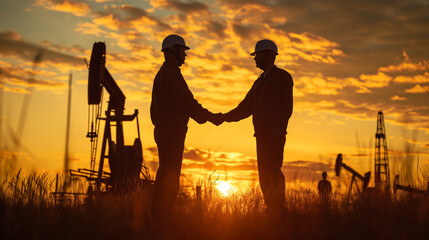 Two Men Shaking Hands in Front of a Sunset