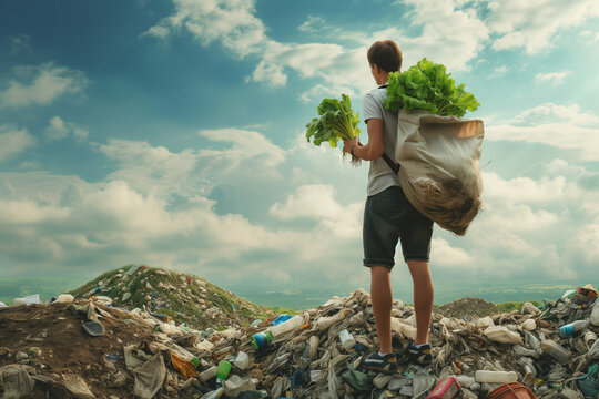 a man holding a bag with radishes on his shoulders, who is tired of fighting with the consumer society, standing on top of a garbage hill and looking at the green hill