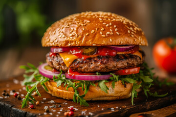 delicious hamburger on a wooden table, commercial photography, ps edit and enhanced 