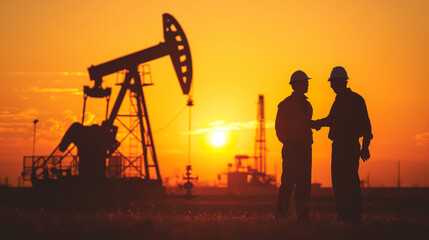 Two Men Standing in Front of an Oil Pump at Sunset