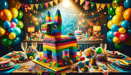 Fototapeta premium Colorful pinata cake on the holiday table. Birthday celebration concept.