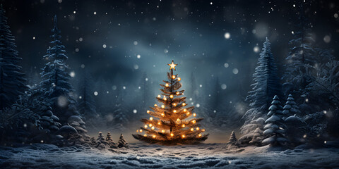 Christmas tree in snowy forest at night