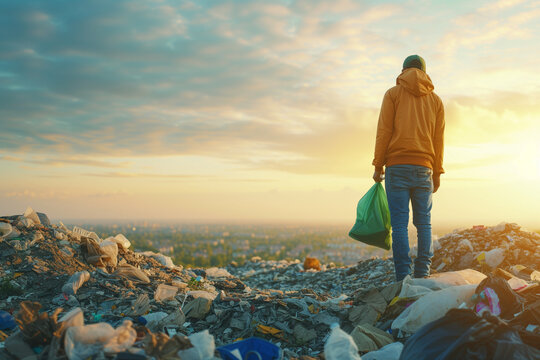 a man in yellow jacket holding a bag, who is tired of fighting with the consumer society, standing on top of a garbage hill and looking at hill of garbage with small tree 