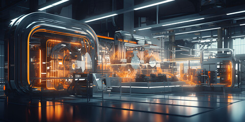 An interior of the modern industrial Automobile Production Giant Manufacture Plant empowered, Modern manufacturing equipment in a futuristic factory, 
 - obrazy, fototapety, plakaty