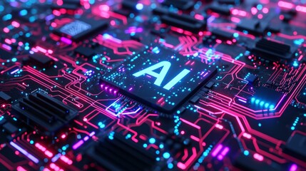 AI Letters on Colorful Computer Chip - obrazy, fototapety, plakaty
