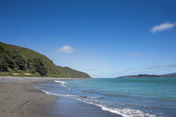 Fototapeta na wymiar Beach and waves at Camp Bay. Wellington Harbour area. Coast. 