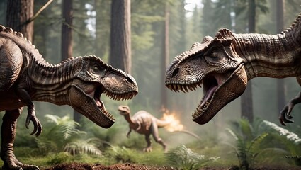 fighting dinosaurs in the forest.