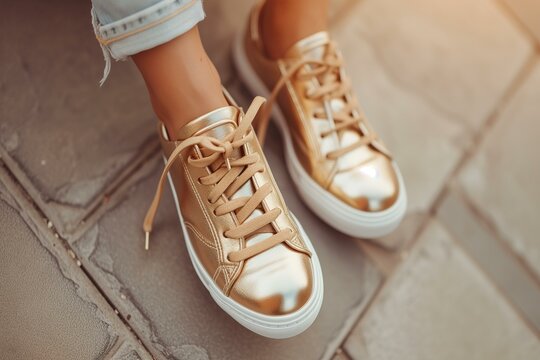 woman feet wearing golden metallic sneakers, neutral background