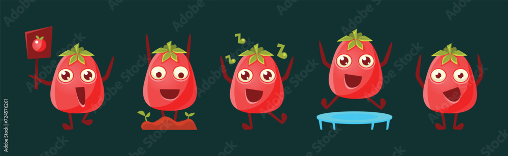 Poster funny red tomato character engaged in different activity vector set