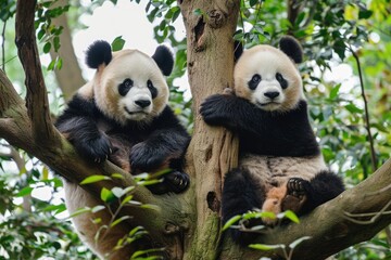 Two giant Pandas (Ailuropoda melanoleuca)in tree 