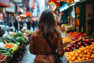Obraz premium Woman going for grocery shopping in an open street market in New York, NYC. 