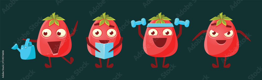 Poster funny red tomato character engaged in different activity vector set