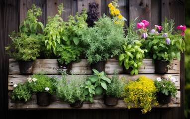 Fototapeta na wymiar DIY Pallet Garden for Herbs and Flowers