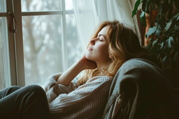 Woman resting near window at home. 