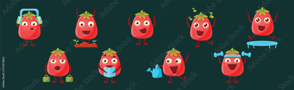 Poster funny red tomato character engaged in different activity vector set